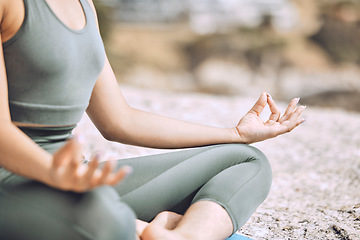 Image showing Woman, mudra hands and beach meditation for mental health, chakra balance or mind wellness. Zoom, zen or calm yogi in lotus pose, peace or holistic energy mindset training in nature earth environment