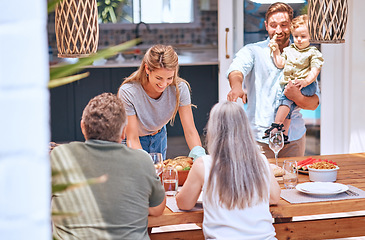 Image showing Chicken, lunch and big family eating at a dining room table in their house with love, smile and celebration together. Food, happy and woman with a turkey dinner for senior parents, child and man