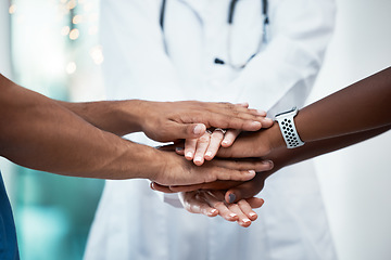 Image showing Support, motivation and hands of medical doctor and healthcare workers together for teamwork, trust and collaboration for community health. Women team in solidarity at hospital for partnership goal