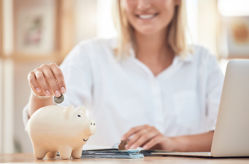 Image showing Money, savings and piggy bank, woman and financial security with laptop, internet banking and future finance plan. Growth, profit and retirement fund, budget and online cash investment with tech.