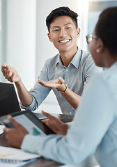 Image showing Asian businessman, hand gesture or talking in teamwork meeting, digital marketing collaboration or strategy planning. Technology, smile or happy creative workers or designers with target audience kpi