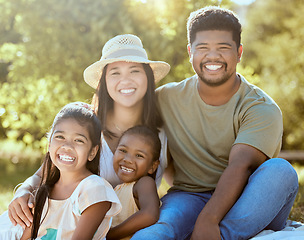 Image showing Family, picnic and vacation of children, mom and dad together in nature park happy about summer, love and lifestyle. Life insurance, savings and Philippines holiday portrait with man, woman and kids