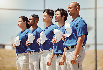 Image showing Sports, baseball anthem and athlete team ready for start of game or club competition on local baseball field. Solidarity, respect and softball player singing, prepare for fitness training or workout