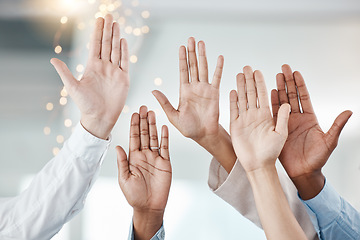 Image showing Diversity, team and corporate hands in air together to volunteer with collaboration, business support and teamwork. Company community, group motivation and productive office staff financial law firm