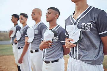 Image showing Baseball team, sports and national anthem at competition event, games and athlete motivation on stadium arena field. Baseball player group singing, patriotic pride and respect for softball commitment