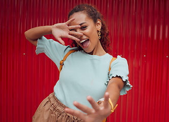 Image showing Fashion, travel and happy black woman model feeling happy and playful with style. Portrait of a person from New York with happiness and fun expression feeling young with a smile and hand gesture