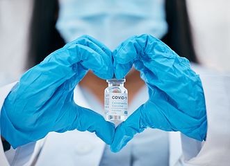 Image showing Heart sign, covid vaccine and doctor hands with medicine bottle and serum for risk, healthcare and wellness safety. Medical worker, pharmaceutical innovation and scientist drug test cure of covid 19