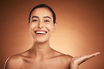 Image showing Natural cosmetics, beauty and woman, smile in skincare advertising portrait with face and skin in studio background. Happy, facial treatment and wellness mockup, makeup and cosmetic product marketing