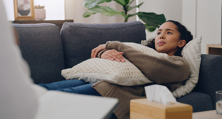 Image showing Mental health, support and woman on sofa in therapy or counseling session for depression, anxiety and healthcare. Psychologist appointment, sad girl lying on couch and consulting in doctors office.