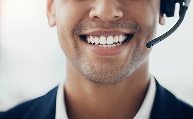 Image showing Call center businessman, face and mouth, microphone and customer service consulting, contact us and telemarketing advice, help and support. Closeup smile salesman, happy consultant and communication