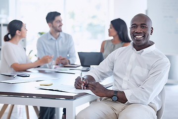 Image showing Happy, portrait and business man in meeting for planning, strategy and goal in office with diverse colleagues. Business meeting, leader and business people discussing growth, mission and documents