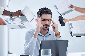 Image showing Businessman stress, headache and office chaos, anxiety and sad in crazy, busy and frustrated company. Burnout, deadline and poor time management, worker challenge and mental health, crisis or mistake