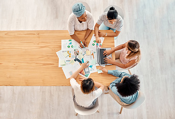 Image showing Finance, business meeting and collaboration with business people working on planning, documents and accounting chart from above. Accounting, team and financial paper, logistics and and data strategy