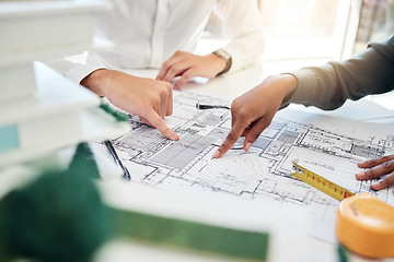 Image showing Blueprint, design and hands of architects planning construction, strategy and idea for architecture property. Illustration, meeting and industrial employees talking about maintenance on paper