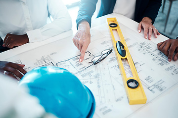 Image showing Architecture hands, blueprint design and strategy for construction scale, property planning and building logistics. Industrial engineering designers, floor plan and real estate building project