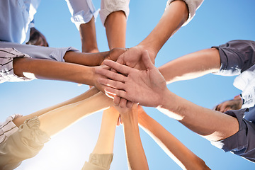 Image showing Low angle, hands and circle in success, solidarity or support team building, teamwork collaboration or diversity celebration. Men, women and friends in community huddle for business motivation goals