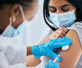 Image showing Covid vaccine, cotton and doctor with patient for medical immunization, vaccination arm injection and hospital healthcare support. Covid 19 consultation, medicine expert and black woman giving shot