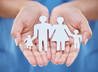 Image showing Cutout paper family, woman hands for security and safety together for insurance help. Abstract mom, dad and kids in cut out picture for future, collaboration and protection support in community trust
