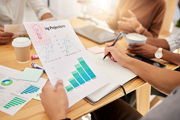 Image showing Business people, marketing research and documents of graphs, finance chart and investment logistics, strategy and feedback in office. Hands of team meeting, planning and writing on paper infographic