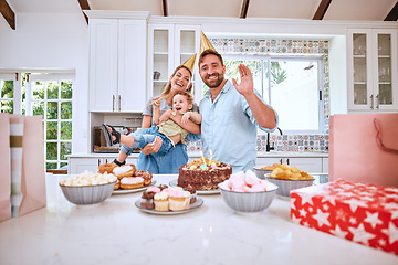 Image showing Family, kid and birthday celebration on video call for fun, love and caring. Mother, father and celebrating son birthday party at home on a video conference with cake, gifts and decoration in house