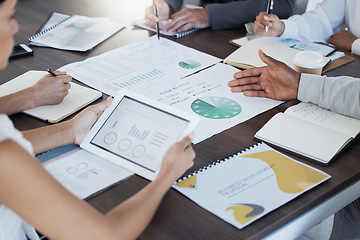 Image showing Strategy, planning and review with hands of business people in meeting for finance, growth and teamwork. Collaboration, goals and research with employee in office for analytics, investment and chart