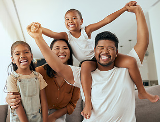 Image showing Family, portrait and fun playing at home for love, bonding and playful time at home. Mother, father and sister siblings fooling around for amusing and hilarious funny comic moment with people, kids