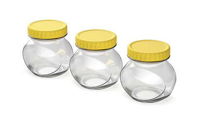 Image showing Empty oval glass jars with yellow plastic lids