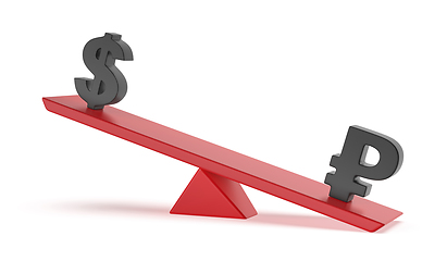 Image showing Russian ruble versus US dollar on seesaw