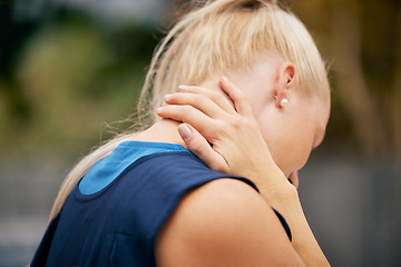 Image showing Neck pain, injury and emergency of sports woman, athlete and runner stress of body workout in outdoor training exercise. Back muscle, first aid problem and joint pain, health risk or fitness accident