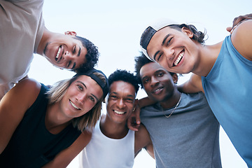 Image showing Portrait, diversity and sports men huddle, together for training and content outdoor. Young male group, friends and smile for support, solidarity and motivation for exercise, workout and practice