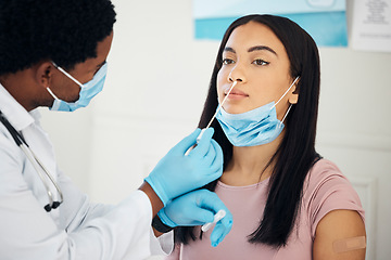 Image showing Covid, medical and pcr test with doctor and woman in hospital for test, medicine and research check. Science, innovation and consulting with healthcare worker and patient for virus, help and pandemic