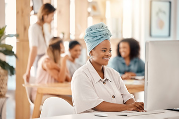 Image showing Business, black woman and computer planning for digital marketing agency, seo research and internet analysis at office desk. Happy african employee working on desktop pc, reading email and analytics