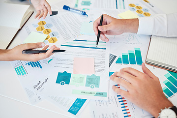 Image showing Hands, analytics and planning for business graphs, strategy or statistics in team marketing at the office. Hand of people analyzing data, charts and paperwork with company documents at the workplace