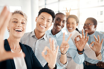 Image showing Hand sign, selfie and happy employee group showing diversity, company support and community. Portrait of business people with hands gesture ready for global teamwork collaboration with a smile