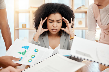 Image showing Stress, headache and burnout of business woman with busy schedule during tax compliance, report and audit in office with financial documents and employees. Depression of female manager during crisis