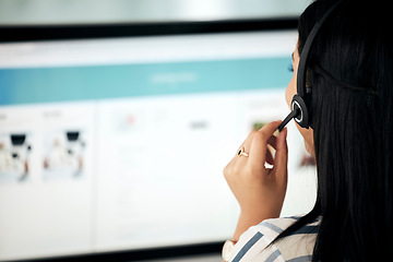 Image showing Contact us, customer service, woman telemarketing employee on a computer call consultation. Back view of crm and web help office consultant with headset talking about call center working support