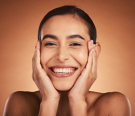 Image showing Young, happy and natural beauty of a woman with skincare, wellness and good skin. Portrait of a gen z female face model from Spain smile with happiness about cosmetic and dermatology treatment