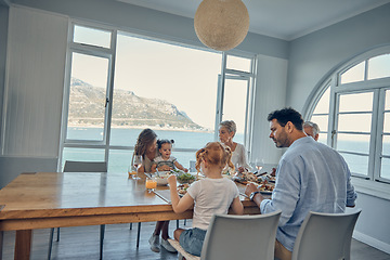 Image showing Big family, food and lunch in home dining room with people sharing a healthy meal. Support, love and relatives eating salad or delicious gourmet chicken on table while enjoying quality time together