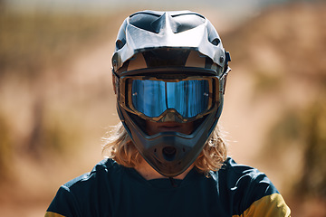 Image showing Sports, motorcross and portrait of man with helmet for dirt racing, mountain biking and training. Adventure, cycling and headshot of biker on dirt road with neon visor safety gear, ready for action