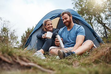 Image showing Love, couple and camp with tent, coffee and smile and with flask in nature and happy. Romance, man and woman bonding, romantic getaway and camping for happiness, connect and laugh together in morning