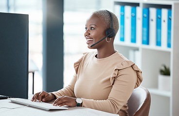 Image showing Customer service in Chicago, CRM or call center black woman employee customer support, contact us or telemarketing with customer. Worker, consultant or sales advisor with help, support or networking