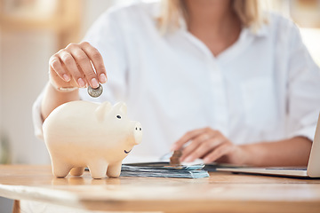 Image showing Saving, investment and hands put coins in piggy bank, woman working on laptop doing online banking. Finance, saving money and female doing accounting, work on computer and cash for financial growth