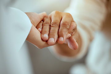 Image showing Elderly support with family, people holding hands praying together in retirement and religion trust hope in god. Kind caregiver helping spiritual senior person and nursing rehabilitation with faith