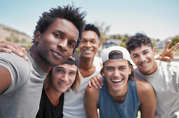 Image showing Sports, friends and selfie after training, exercise or cardio workout in a city, happy and excited outdoors. Face, pov and portrait of men smiling for photo, bond and gun after fitness practice