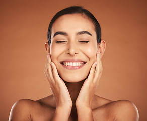 Image showing Woman, beauty and healthy facial skincare with natural, organic cosmetic routine and self care. Happy face, a model with a smile and satisfied with clean skin, hygiene and cosmetics spa mockup studio