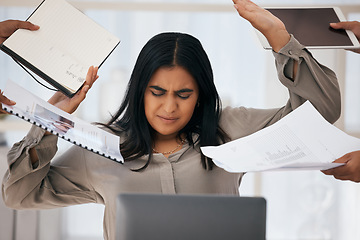 Image showing Busy woman, office documents and burnout from work overload, stress and chaos in corporate workplace. Overworked company employee, paperwork and professional staff multitasking paperwork for deadline