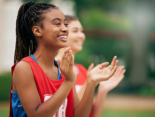 Image showing Black woman, sports cheerleader and applause for team in support, motivation or positive attitude in the outdoors. African American female clapping in sport activity, motivate and encouragement