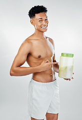Image showing Black man, protein powder and health for fitness, exercise and training workout. Portrait of a happy model from Africa feeling healthy with sport and excited motivation smile about to start sports