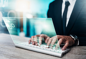 Image showing Hands, hologram and man on laptop in office for finance, planning and investment on futuristic, innovation and software. Double exposure, hands and businessman on keyboard, stock market and trading