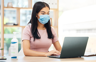 Image showing Covid, hand sanitizer and laptop with business woman with laptop for bacteria, healthcare and virus prevention. Research, email and internet with employee in office with disinfectant and protection